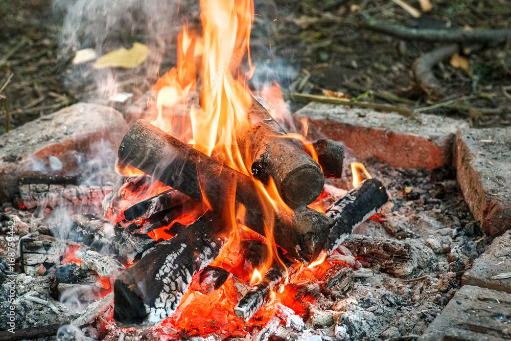 Campfire with big flame and bunch of firewoods in it Campfire with big flame and bunch of firewoods in it