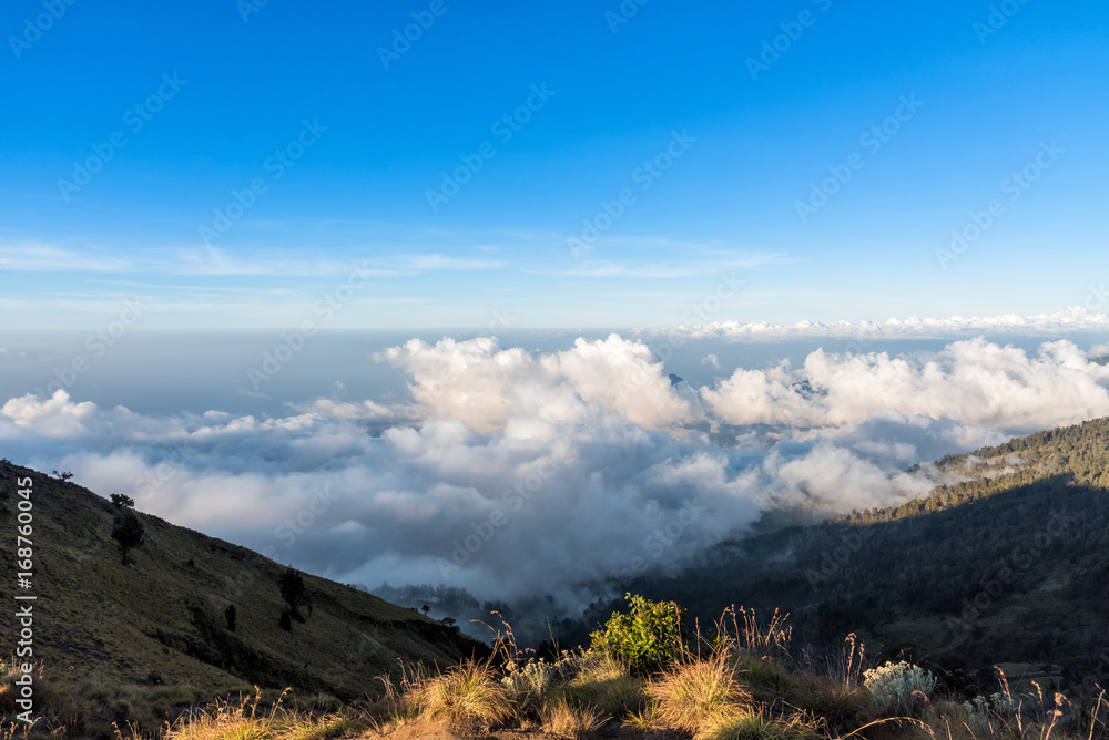 Above the cloud and mountain view from Rinjani mountain, Lombok island, Indonesia.