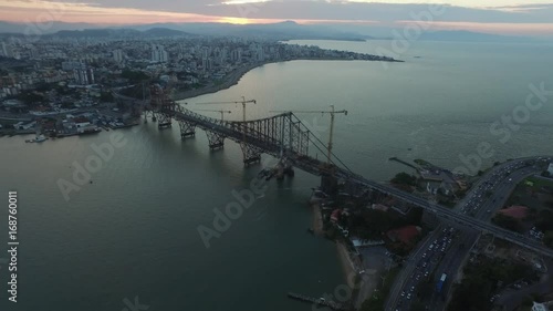 Aerial view The Hercilio Luz Bridge, in Florianopolis, Brazil. July, 2017.  photo