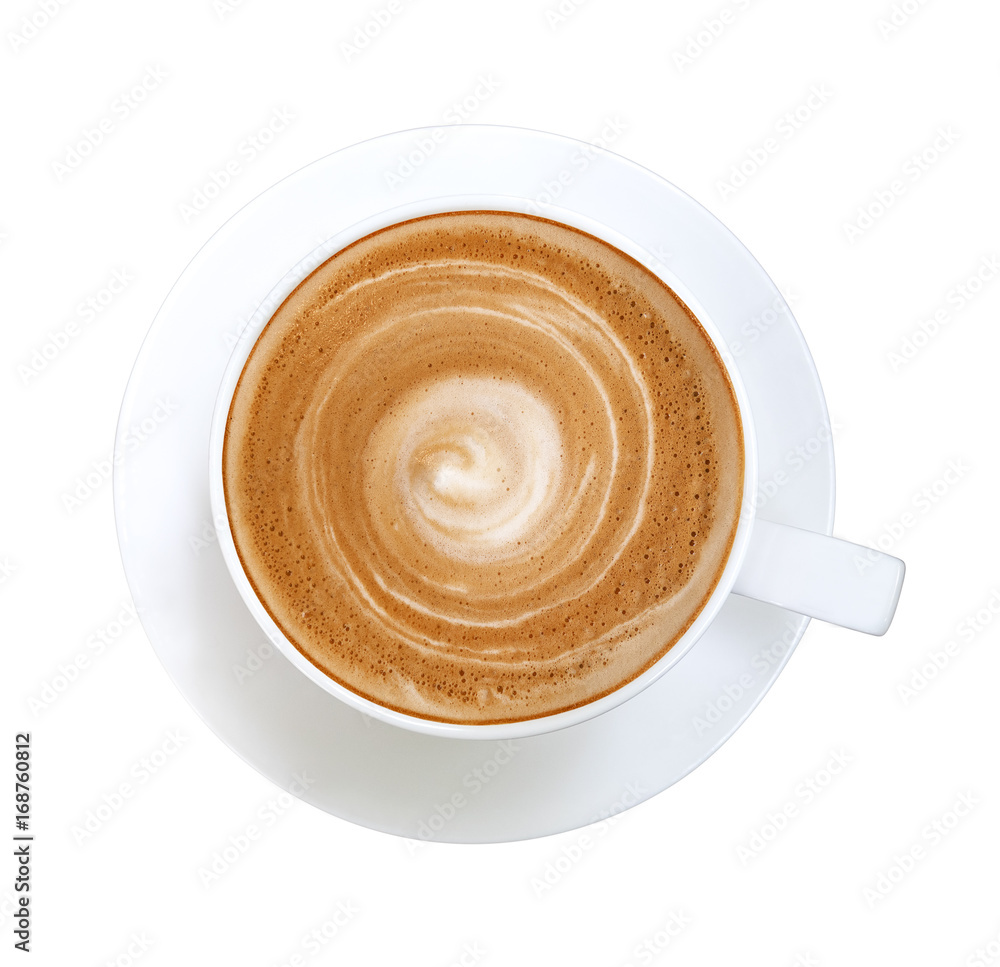 Top view of hot coffee latte cappuccino spiral foam isolated on white background, clipping path included Top view of hot coffee latte cappuccino spiral foam isolated on white background, clipping path included