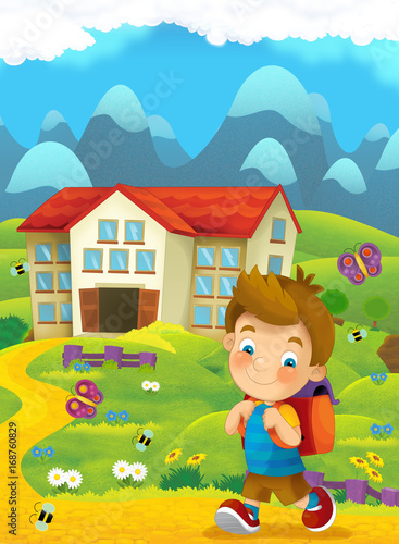 Cartoon nature scene with child on the trip to school - illustration for children