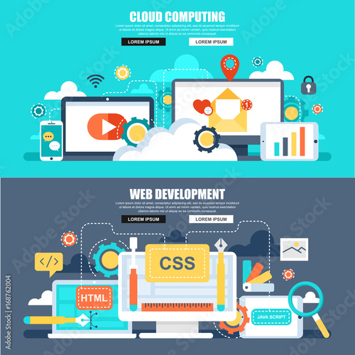 Flat concept web banner of cloud computing, web development