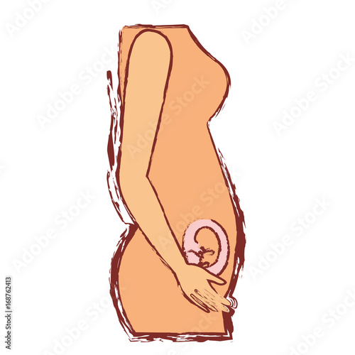 color silhouette with blurred contour of side view pregnancy process in female body fetus human growth