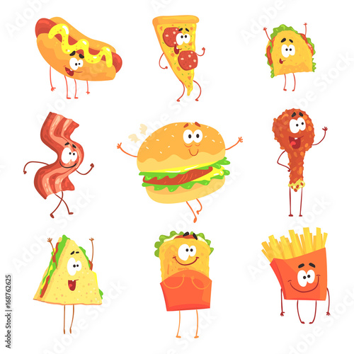 Funny fast food, set for label design. Cartoon detailed Illustrations isolated