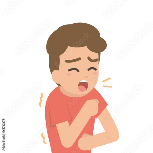 young man coughing, sickness allergy concept, Vector flat illustration.