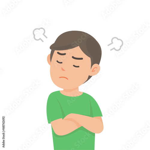 Cute boy gets mad angry fighting with blowing from ears expression, Vector illustration.