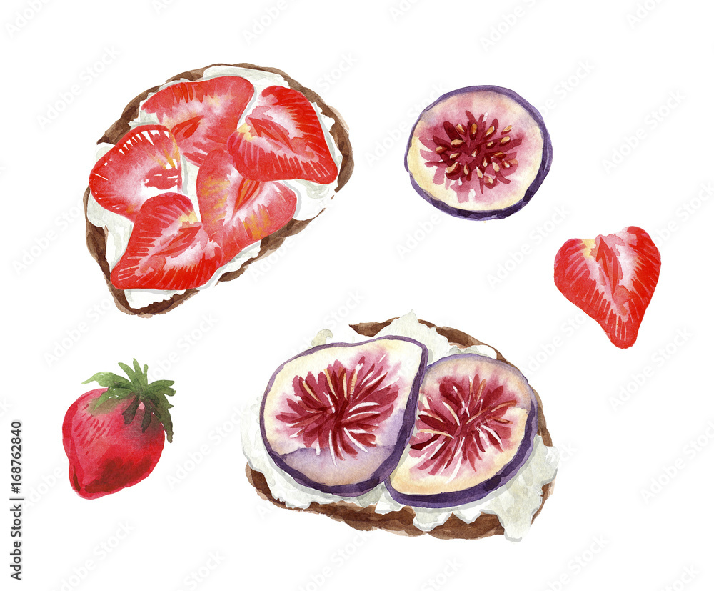 Fototapeta fruit dessert toasts with figs and strawberry, watercolor design element for recipe, cookbook, menu