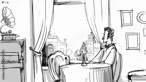 Man in a restaurant waiting near the window Vector sketch for projects, cartoon, storyboard