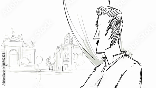 Man in waiting near the window Vector sketch for projects, cartoon, storyboard
