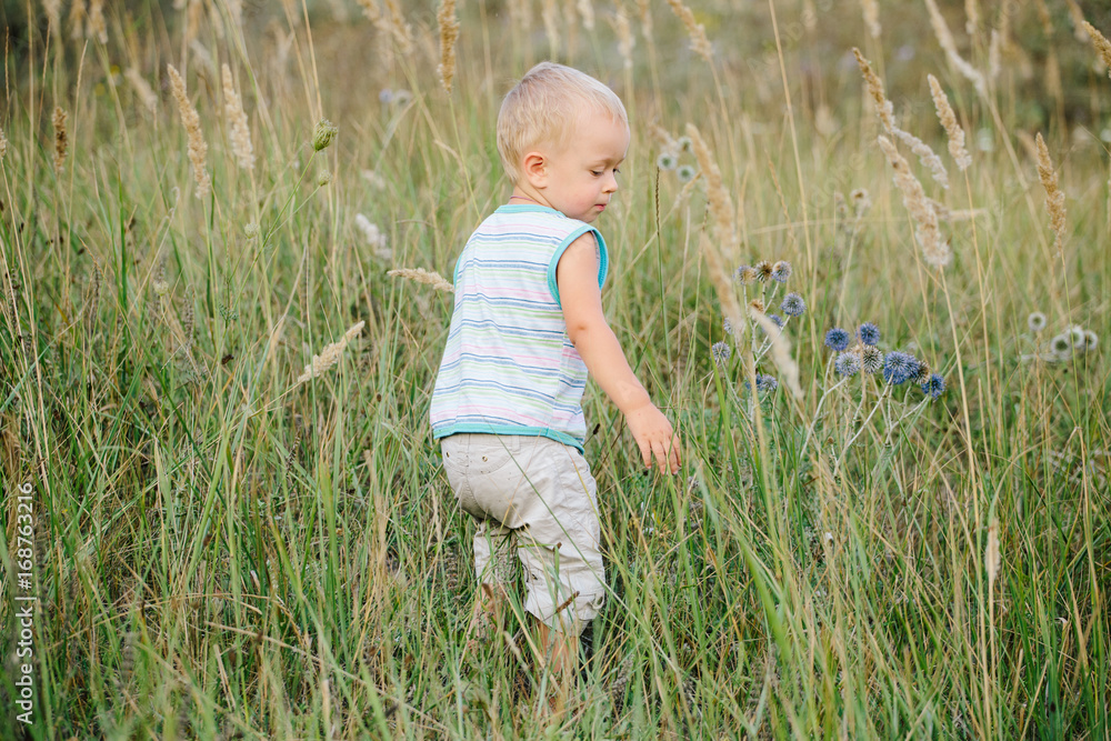 A boy is walking along a clearing in the grass A boy is walking along a clearing in the grass