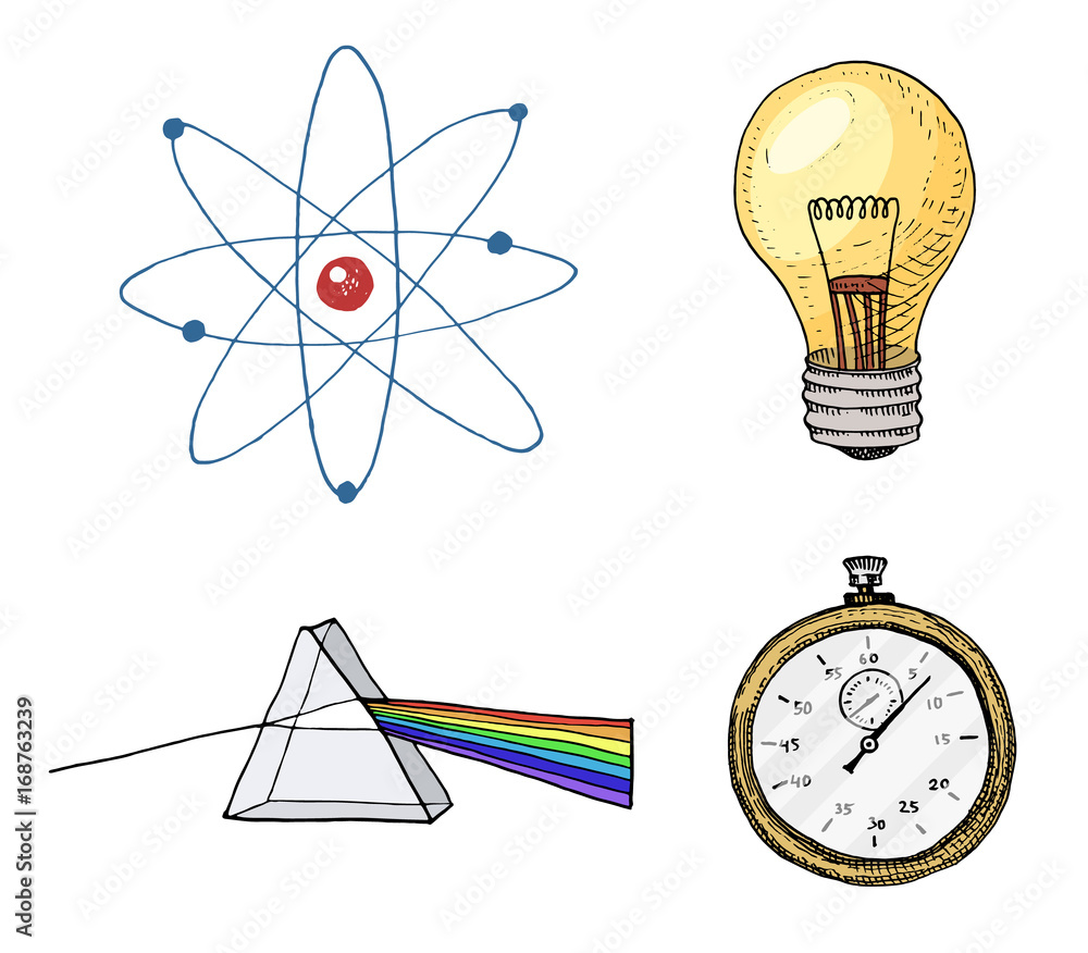 atom and prism, light bulb and compass. engraved hand drawn in old sketch  and vintage symbols. calculations physics Back to School of Science and  laboratory experiments. Stock Vector | Adobe Stock