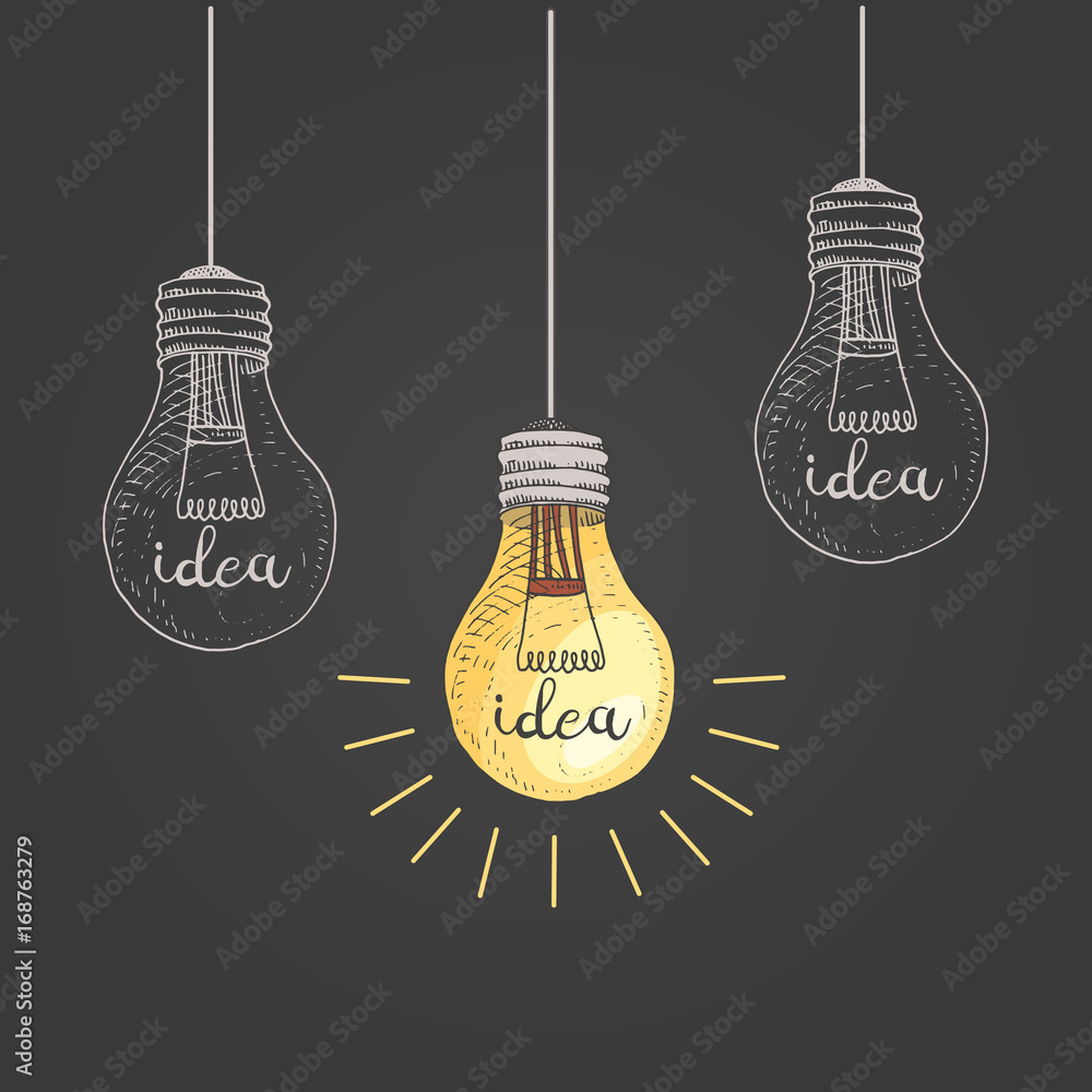 lightbulb or idea. engraved hand drawn in old sketch and vintage symbols. Back to School Elements. lightbulb or idea. engraved hand drawn in old sketch and vintage symbols. Back to School Elements.