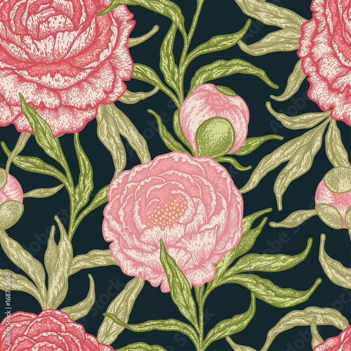 Floral seamless pattern with peony flowers. Vintage engraving background of peonies, branches and leaves.