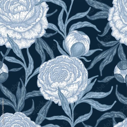 Floral seamless pattern with peony flowers. Vintage engraving background of peonies, branches and leaves.