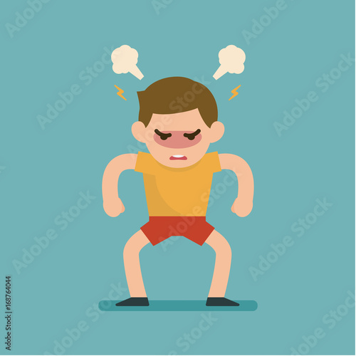 Cute boy gets mad angry fighting with blowing from ears expression, Vector illustration.