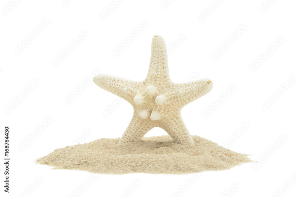 Estrella de mar y arena sobre fondo blanco Estrella de mar y arena sobre fondo blanco