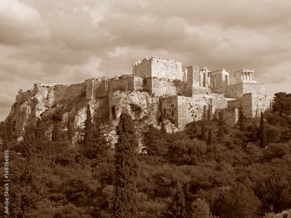 Ancient Greek Temple on the Acropolis of Athens, Greece in Sepia Tone 