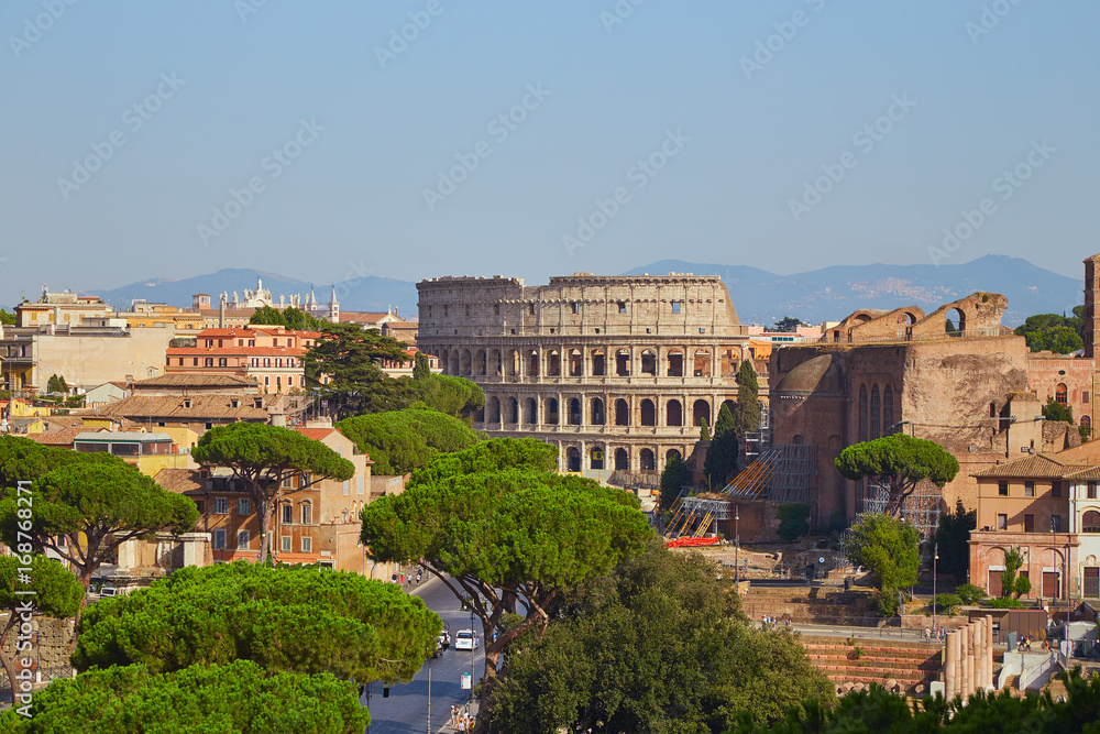 Rome skyline colosseum with blue sky in summer day