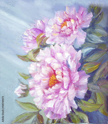 Pink peony flowers blossom bouquet. Oil painting floral texture