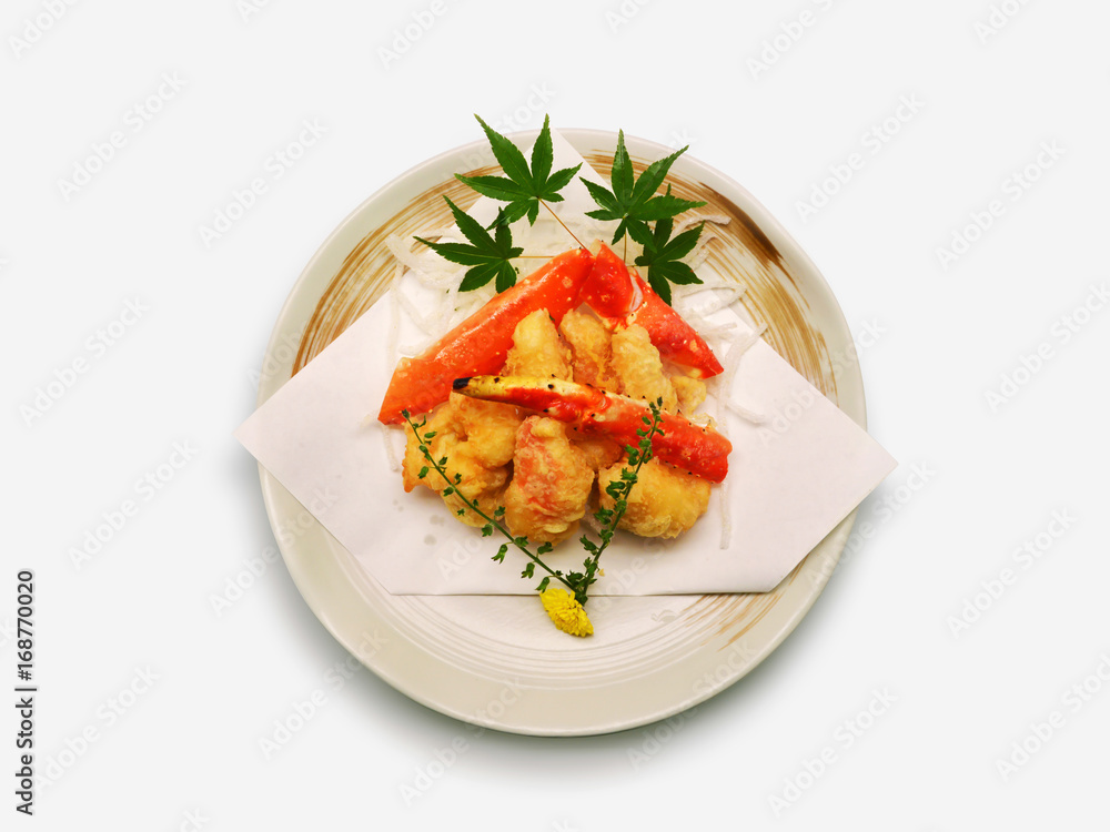 Deep fried crab claws with spicy creamy sauce Japanese style on white background Deep fried crab claws with spicy creamy sauce Japanese style on white background