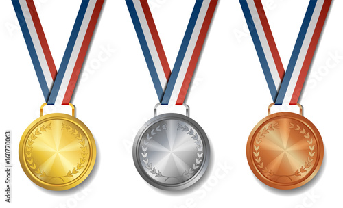 Set of gold, silver, bronze award medals