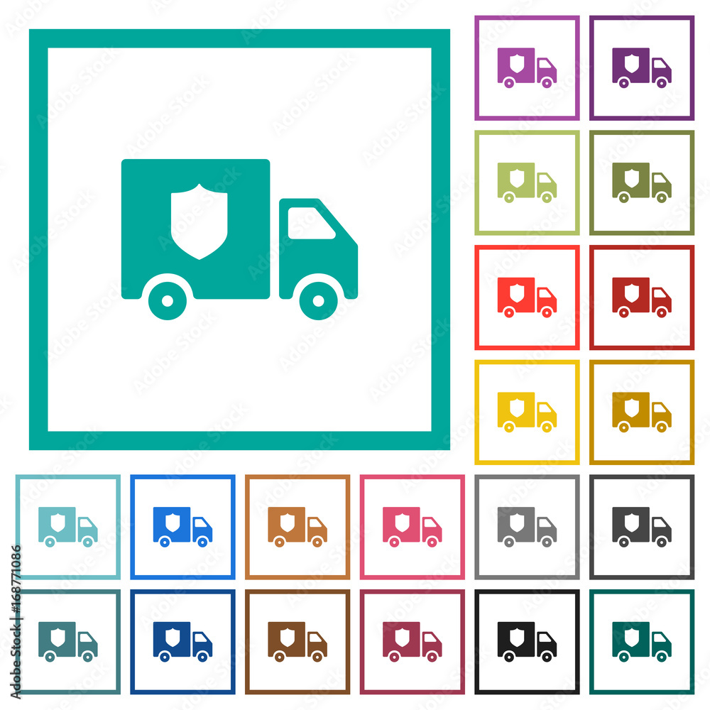 Money deliverer truck flat color icons with quadrant frames
