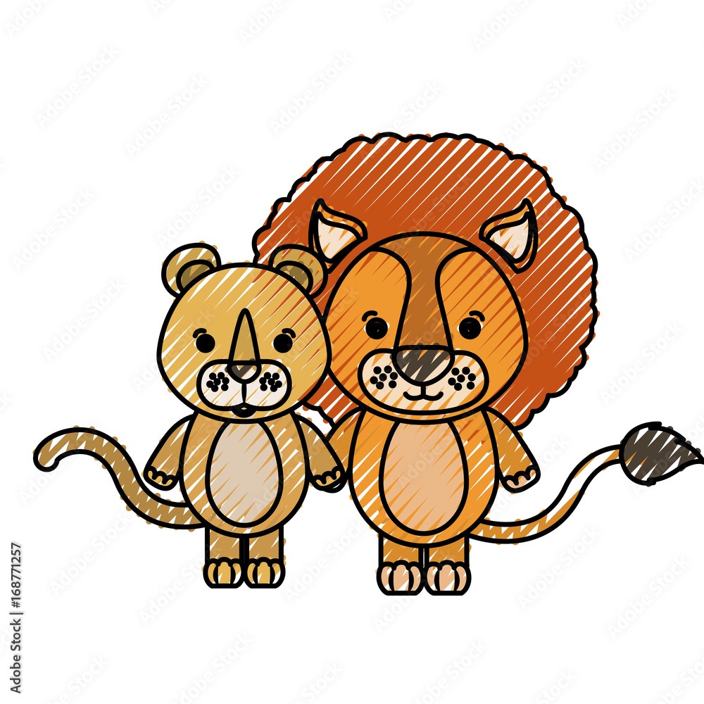 Obraz premium color crayon silhouette caricature couple cute lion and lioness animals vector illustration