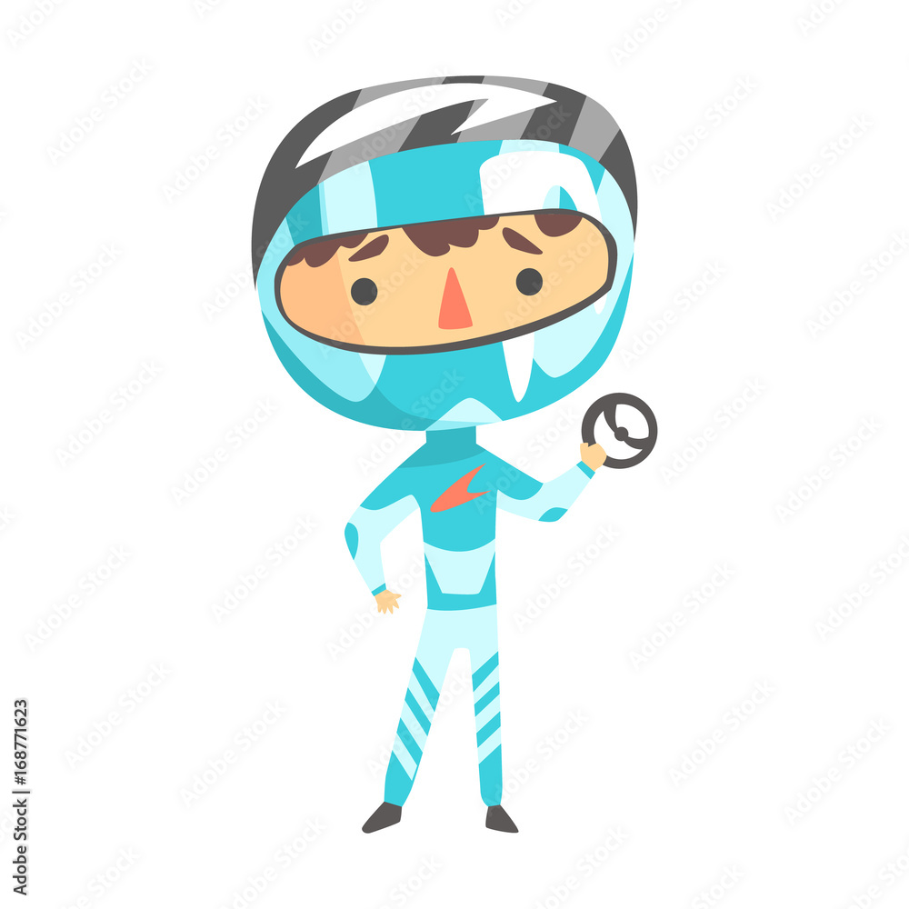 Boy In Racer Uniform Holding A Wheel Vector Cartoon Illustrations With Child Dreaming To Be A Racer. Boy In Racer Uniform Holding A Wheel Vector Cartoon Illustrations With Child Dreaming To Be A Racer.