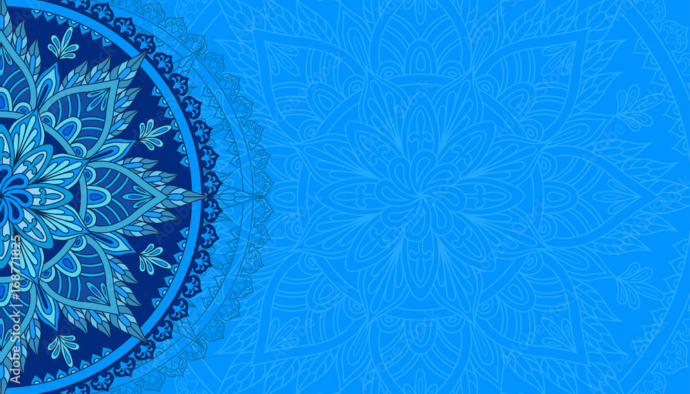 Horizontal light blue background with oriental round pattern. Vector illustration.
