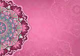 Horizontal pink background with oriental round pattern and texture of old paper. Vector illustration.