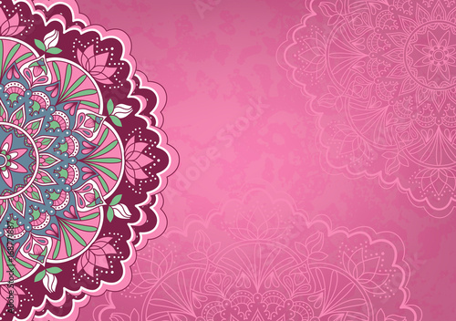 Horizontal pink background with oriental round pattern and texture of old paper. Vector illustration.