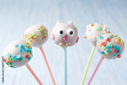Homemade assorted cake pops with multi colored sprinkles and owl shape on a blue background, sweet food for kids