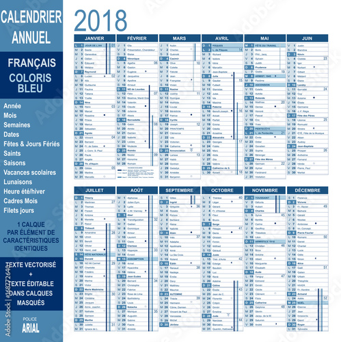 Calendrier annuel 2018 - bleu - en français - 12 mois