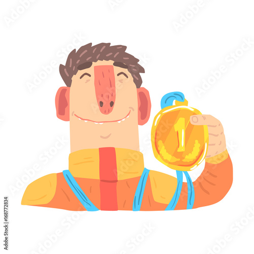 Car racing driver man in an orange uniform holding golden medal, racing participant vector Illustration