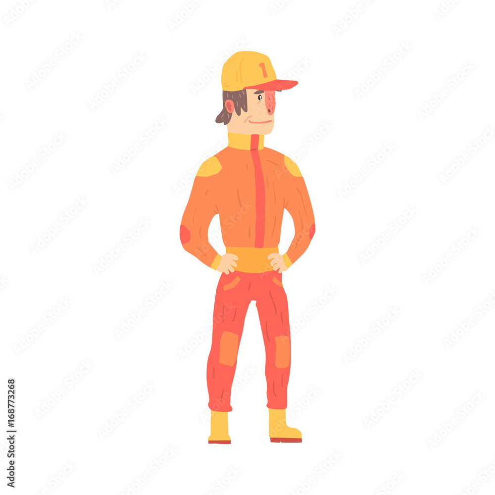 Car racing driver man in an orange uniform, member of racing team vector Illustration Car racing driver man in an orange uniform, member of racing team vector Illustration