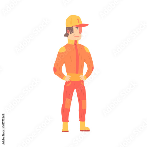 Car racing driver man in an orange uniform, member of racing team vector Illustration
