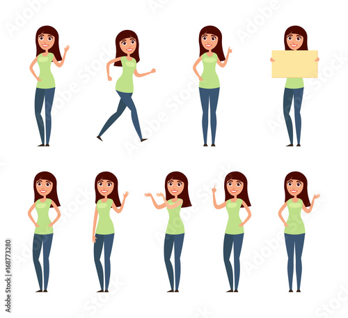 Set of woman, girl in casual clothes in different poses. A character for your design project. Vector illustration in flat and cartoon style © Svetlana