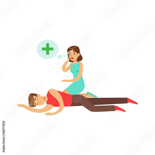 Woman calling by mobile for help to young unconscious man vector Illustration