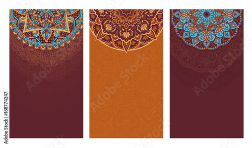 Set of vertical backgrounds decorated with oriental ethnic patterns. Collection of brown flyers with mandalas. Vector illustration.