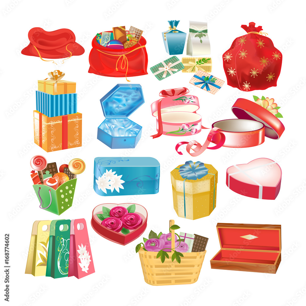 Set of gift decorative boxes, packages and cases, with gifts. Set of gift decorative boxes, packages and cases, with gifts.