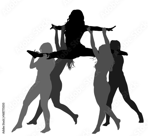Cheerleader dancers figure vector silhouette illustration isolated. Cheer leading girl sport support. High school, college cheerleading formation. Gymnastic legs apart pose perform. Energy dance fan.