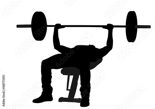 Weightlifter in gym vector silhouette illustration isolated on white background. Working out. Sports guy doing exercise on the simulator.sports man. Bodybuilder in training. Health and fitness.