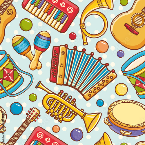 Musical instrument seamless pattern. Cartoon style