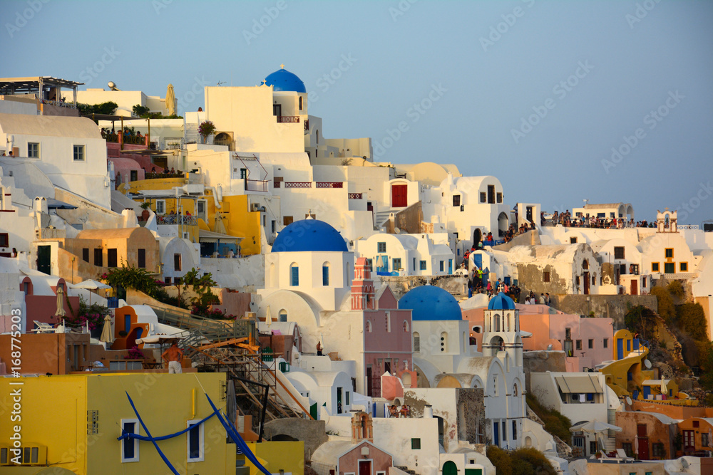 Colorful Greek island of Santorini in summer, small pearl of the Aegean Sea