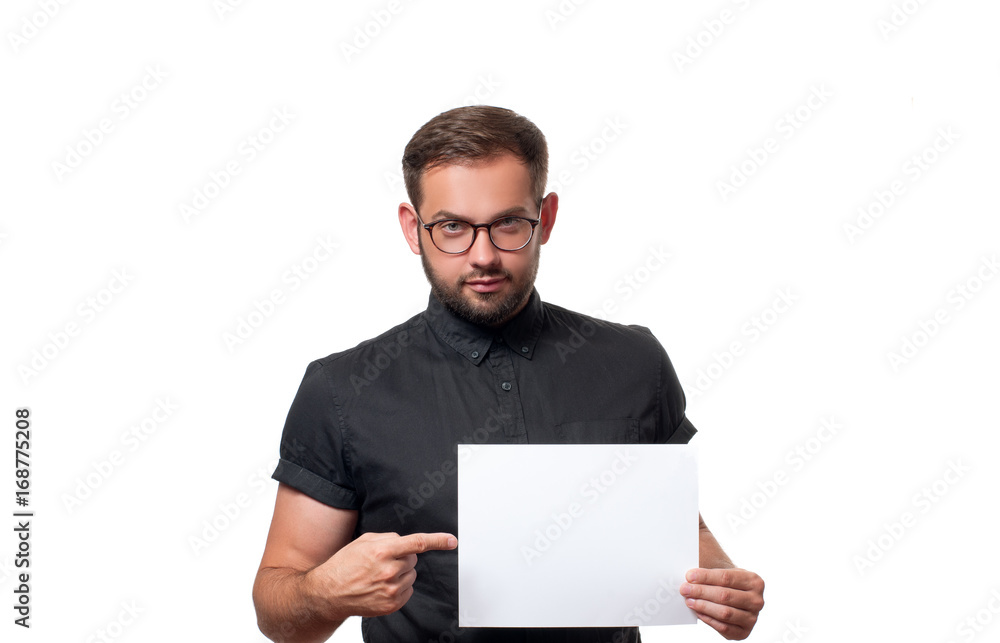 Business man showing empty paper card sign Business man showing empty paper card sign