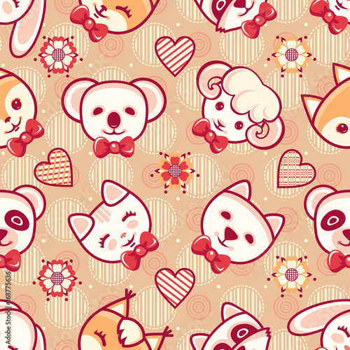 Cute pets. Seamless pattern. Colorful background with characters.