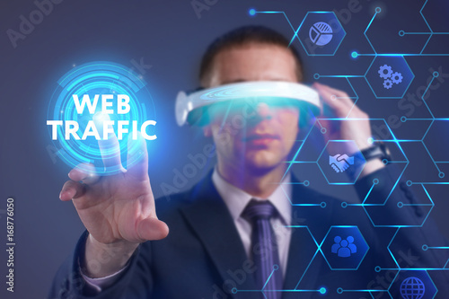 Business, Technology, Internet and network concept. Young businessman working on a virtual screen of the future and sees the inscription: Web traffic