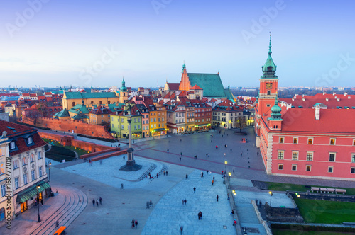 beautiful panorama of old town in Warsaw at dusk, Poland