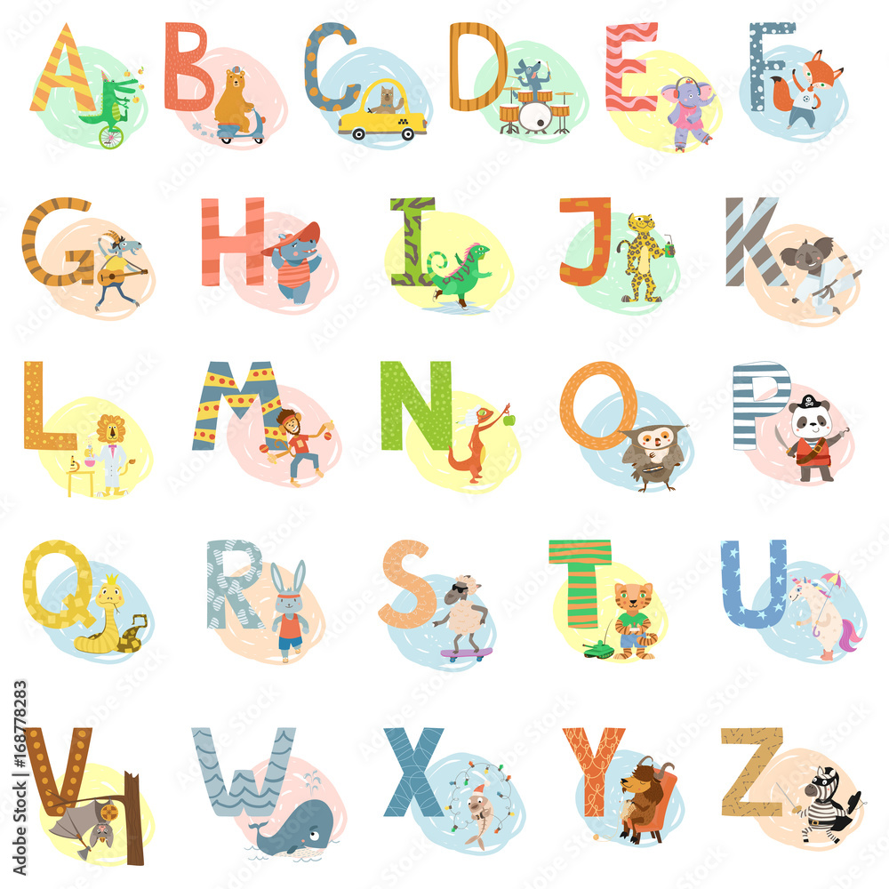 Cartoon vector hand drawn animals English language alphabet letters