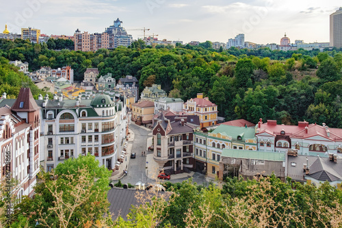 Views of modern and ancient buildings from the Castle hill or Zamkova Hora in Kiev, Ukraine. Castle hill is a historical landmark in the center of the city. photo